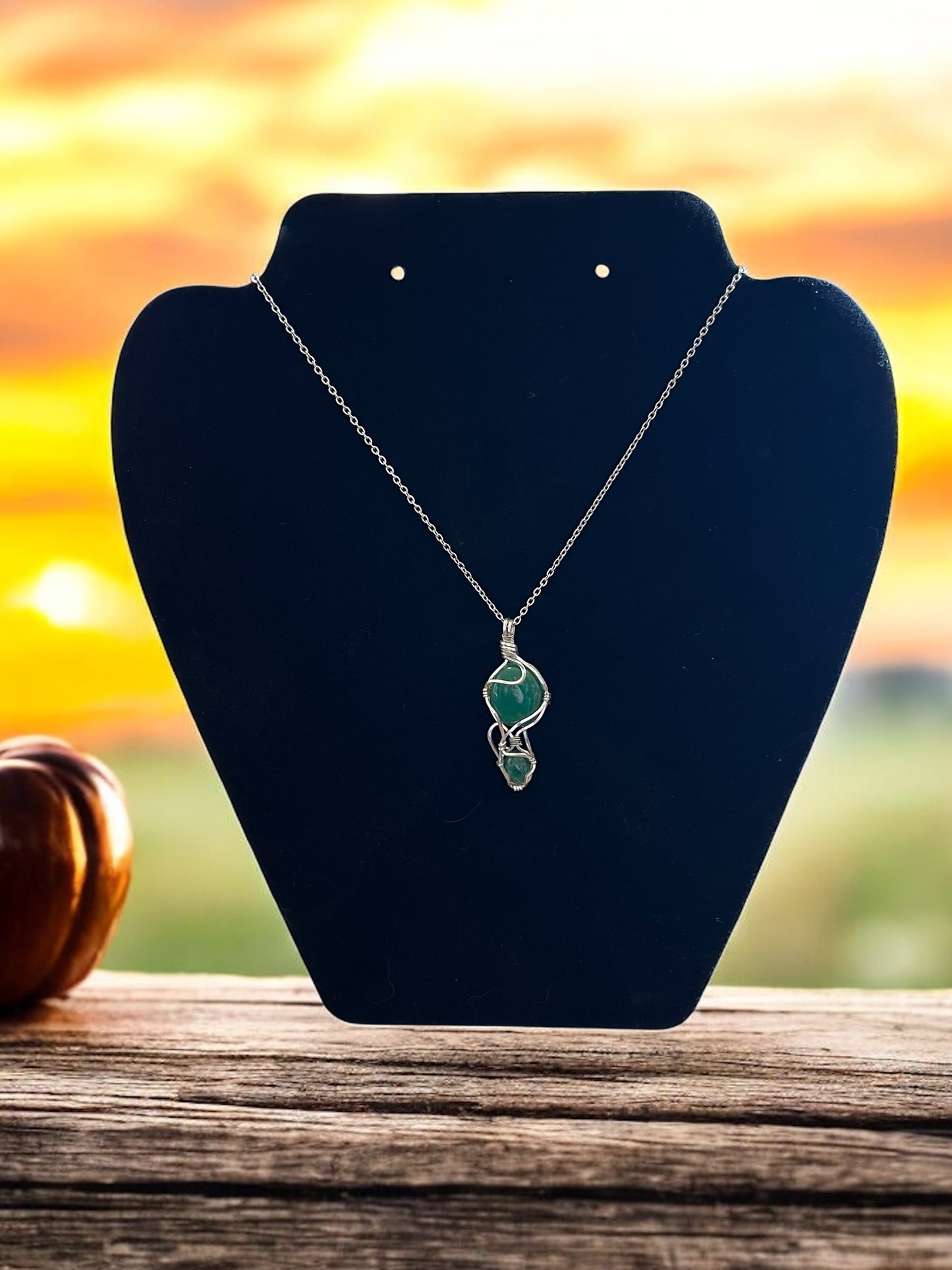 Double Green Cabochon Wire Wrapped Necklace