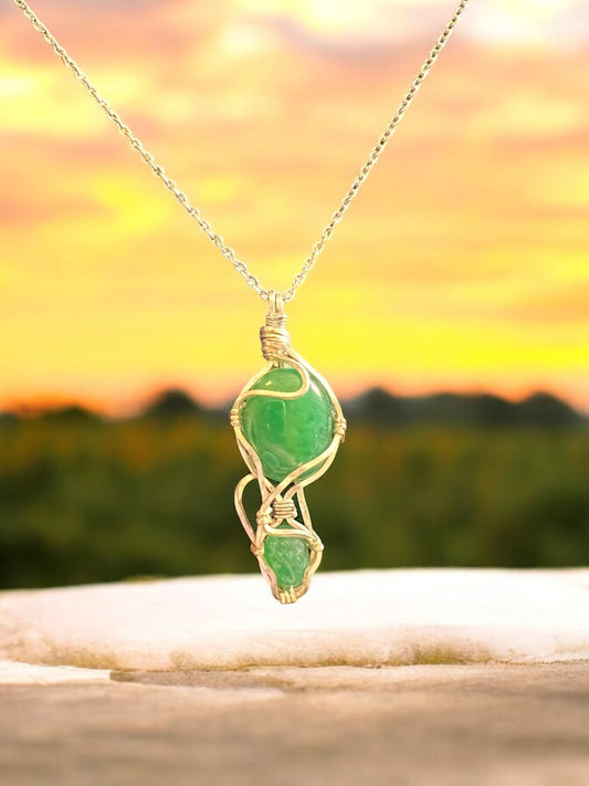 Double Green Cabochon Wire Wrapped Necklace